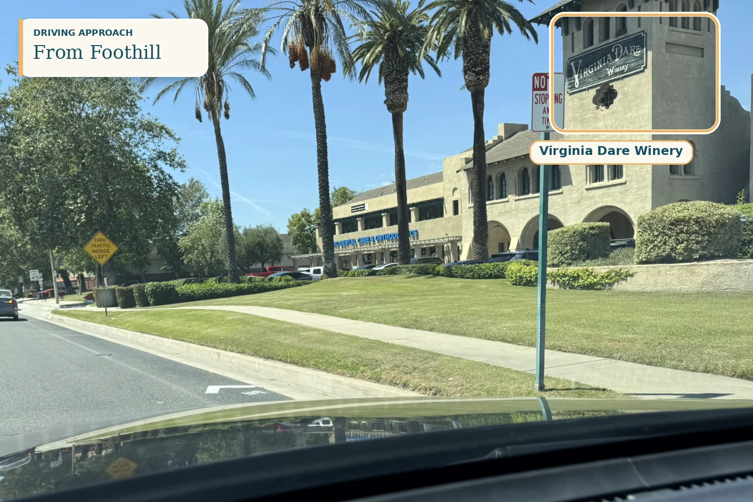 Driving entrance from Foothill Boulevard near the Virginia Dare Winery sign