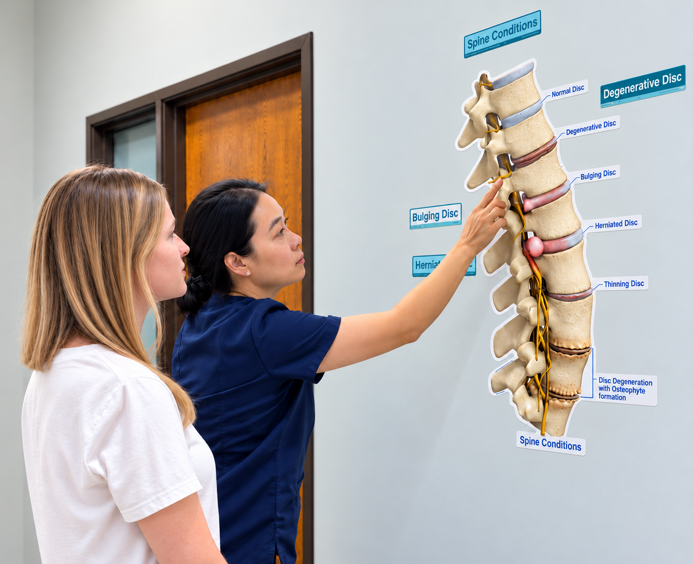 Blissful Wellness doctor explaining spine anatomy and treatment options to a patient