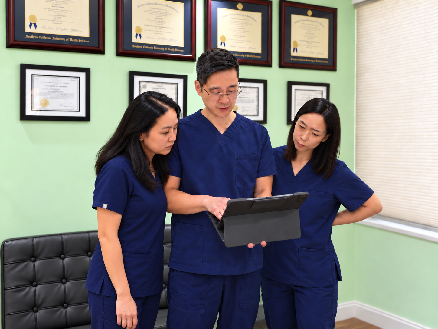 Dr. Jennifer Tsai, Dr. Michael Sun, and Dr. Joy Hsueh reviewing a treatment plan together