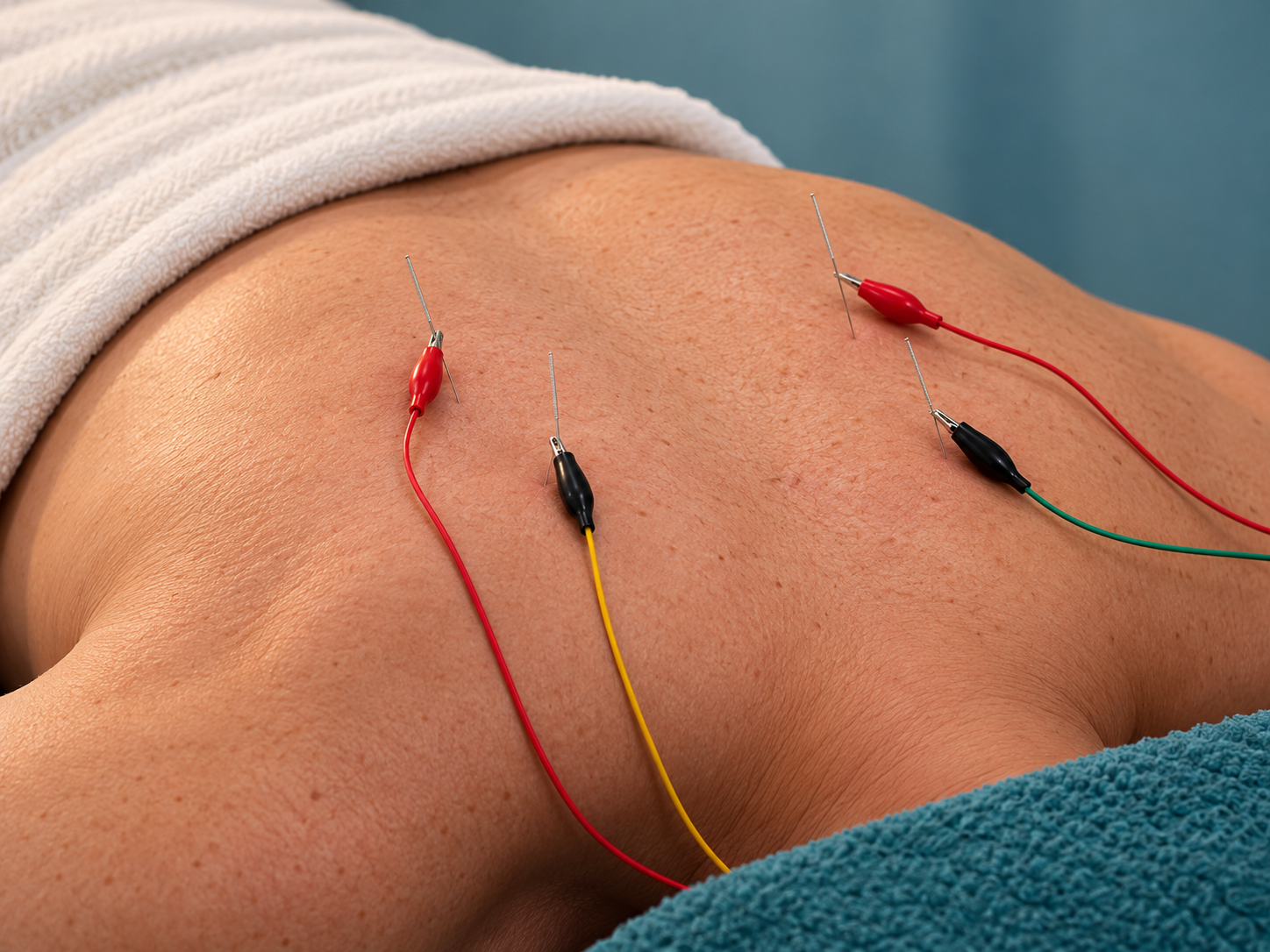 Illustrative close-up of electroacupuncture on the upper back, with small leads attached to fine needles