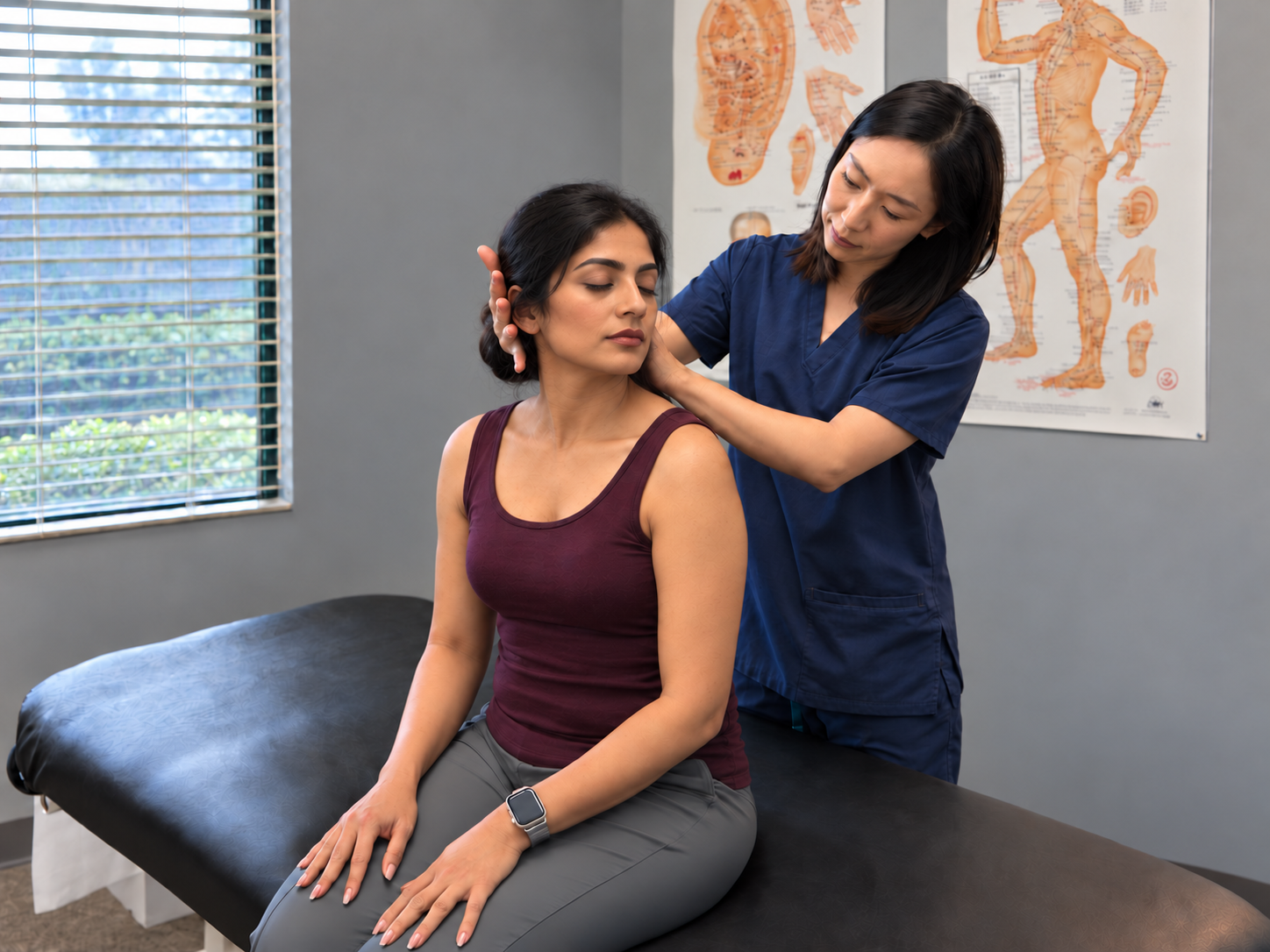 Blissful Wellness doctor guiding a patient through a gentle neck assessment