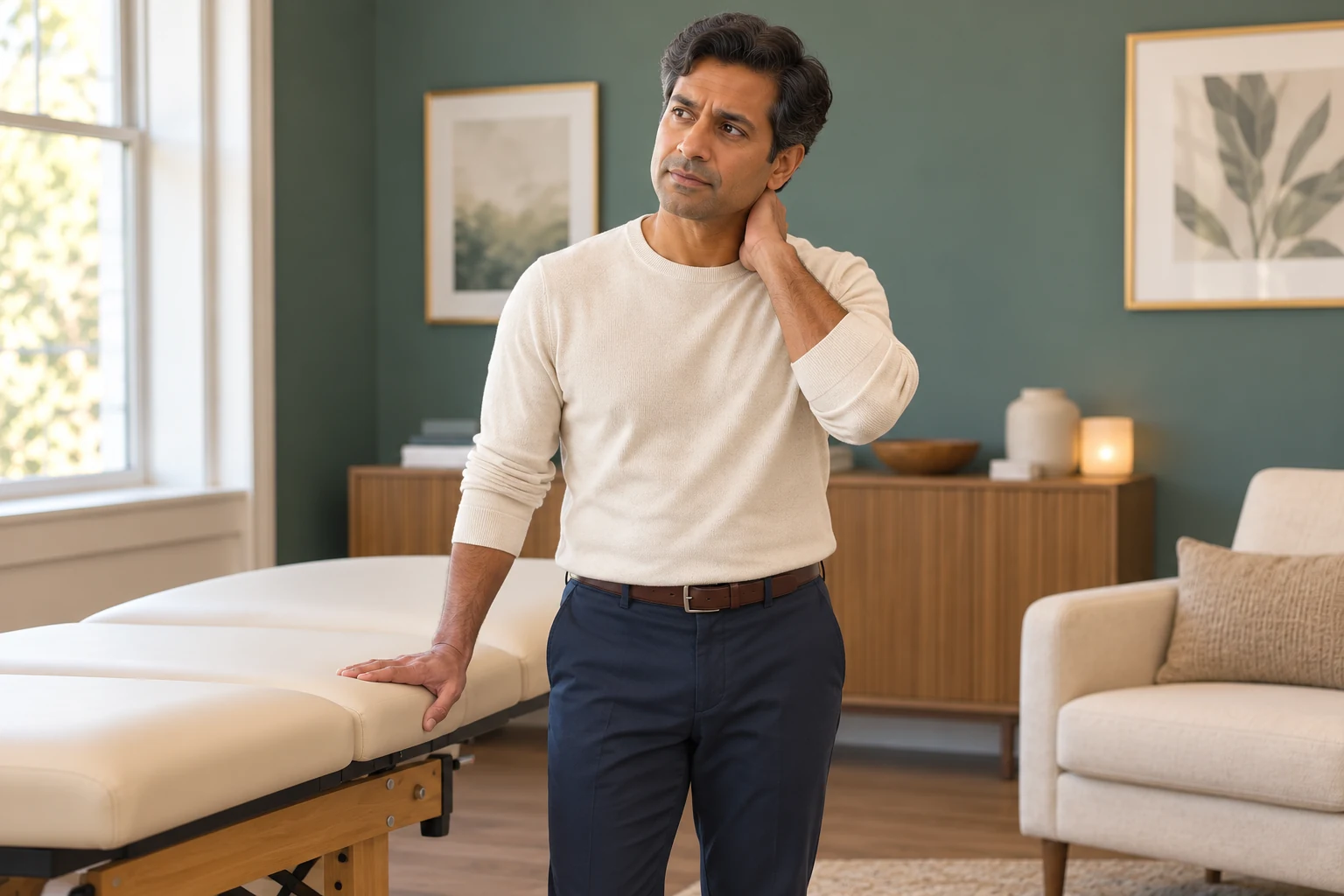 Man standing beside a treatment table and gently touching his neck to illustrate neck discomfort