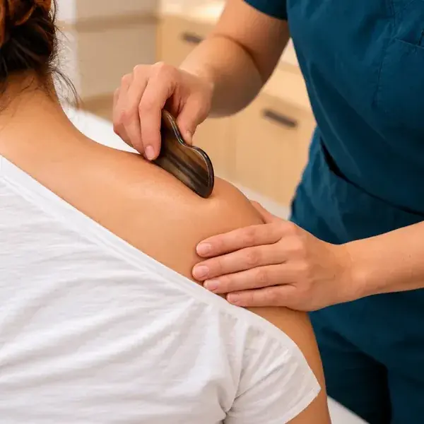 Ox-horn Gua Sha tool applied to the shoulder