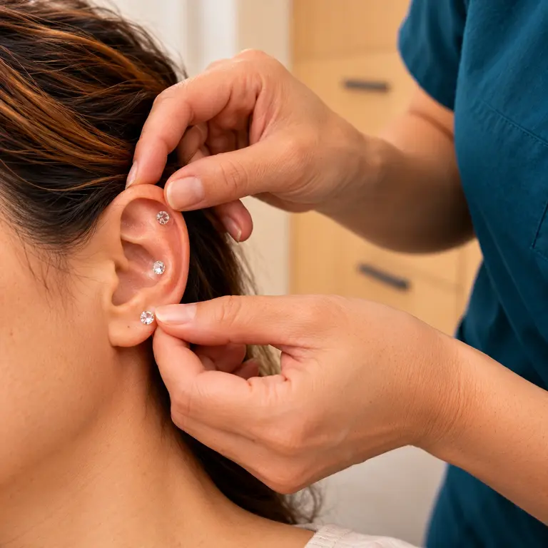 Clear crystal ear seeds being applied to the outer ear