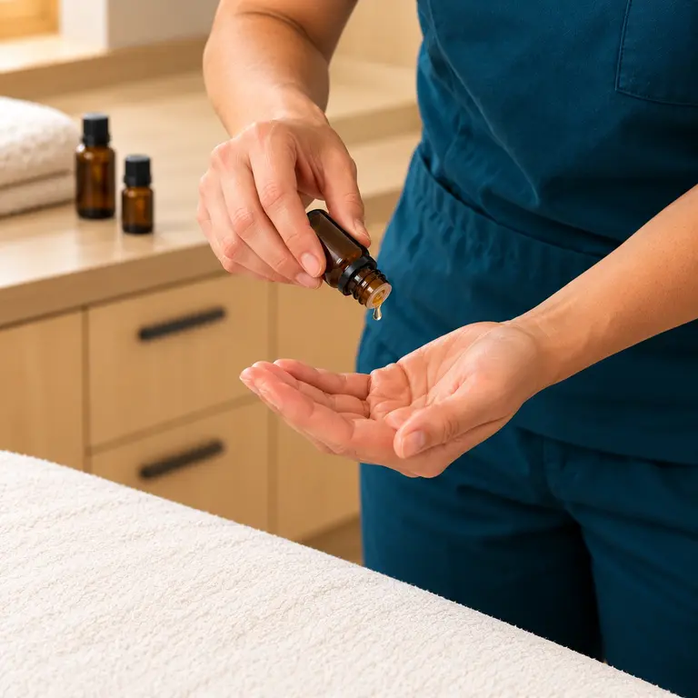Practitioner dispensing essential oil into an open palm