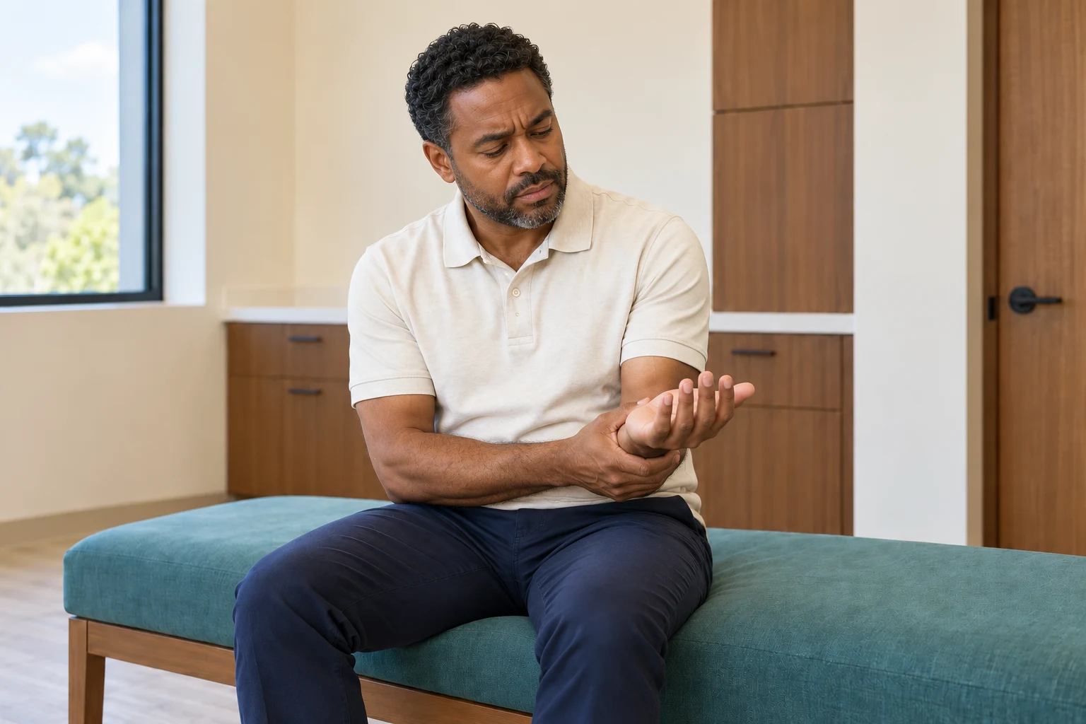 Man gently supporting his wrist to illustrate carpal tunnel symptoms