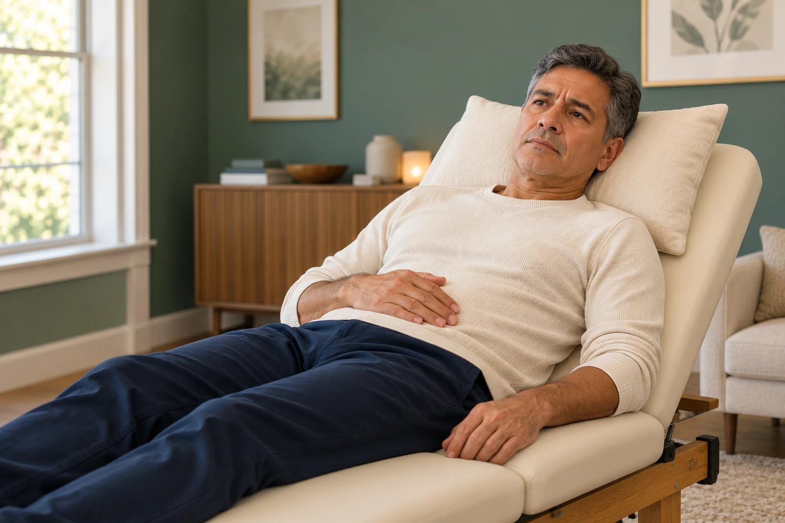 Man reclining comfortably on a treatment table with a hand on his abdomen