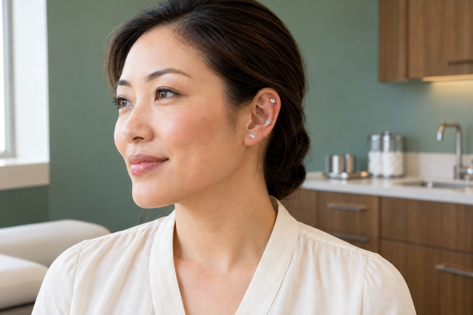 Woman wearing clear faceted adhesive crystal ear seeds