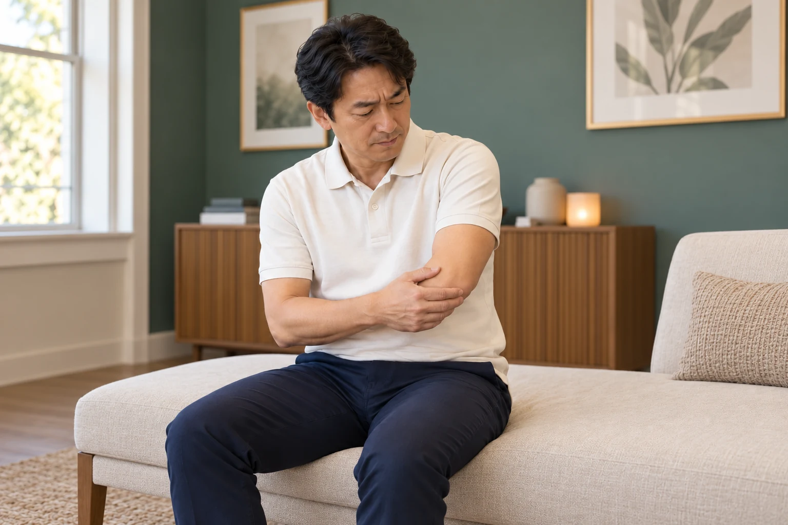 Man gently holding his elbow with a concerned expression to illustrate elbow pain