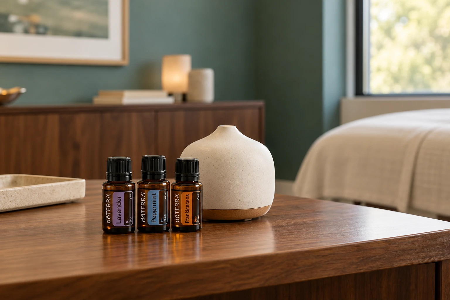 Essential oil bottles beside a ceramic diffuser in a warm clinic setting