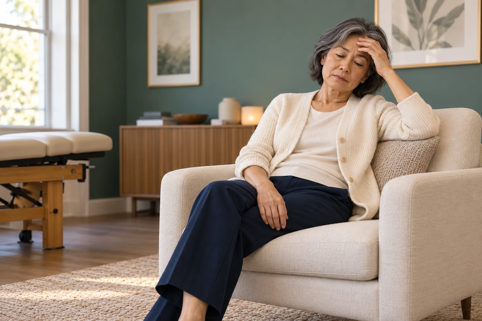 Woman leaning back with a tired expression and a hand resting on her forehead