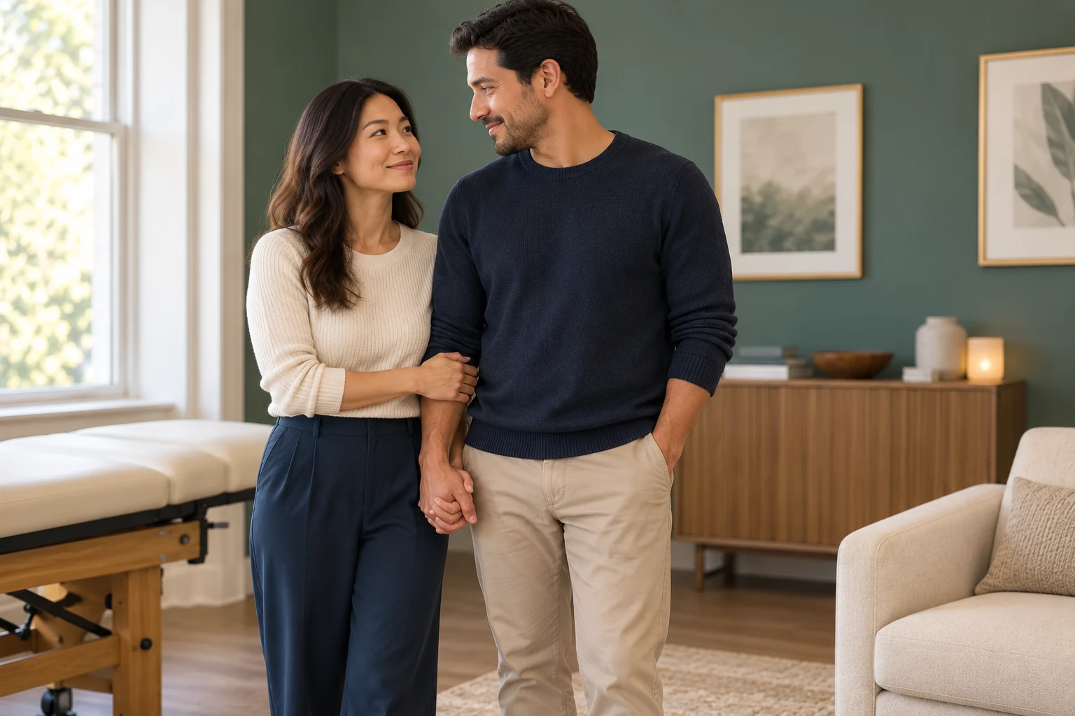 Couple holding hands in a calm clinic setting for fertility support