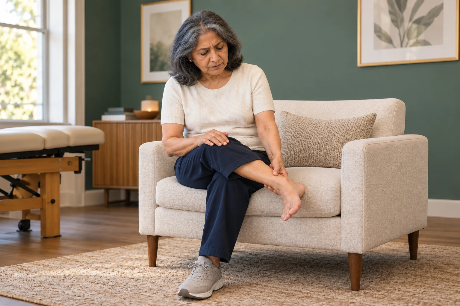 Older woman gently holding her ankle to illustrate foot and ankle discomfort