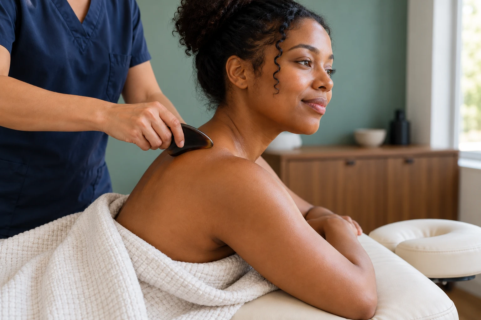 Illustrative Gua Sha treatment with a dark ox-horn tool on the upper back