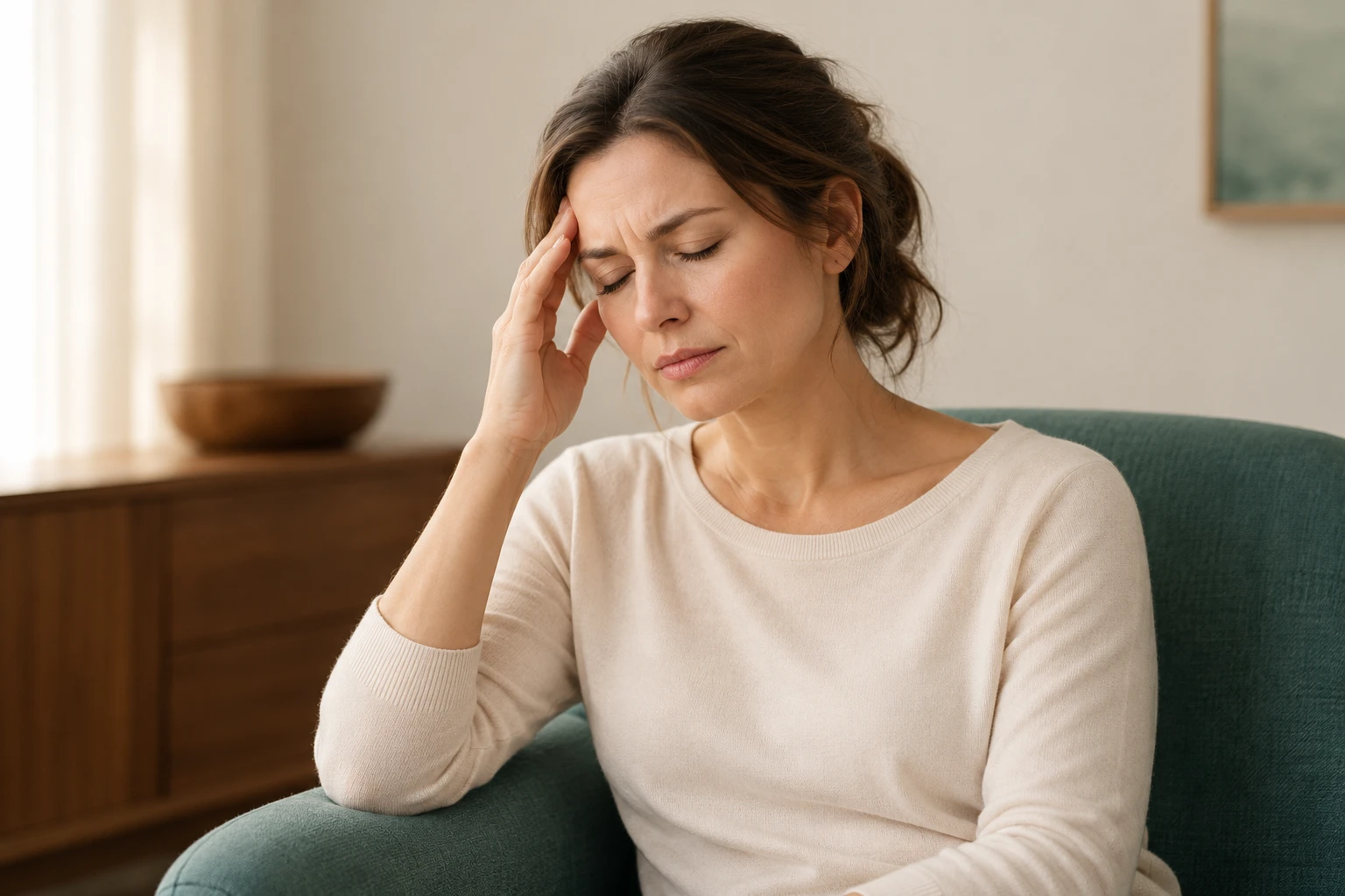 Woman resting a hand lightly on her temple to illustrate headache discomfort