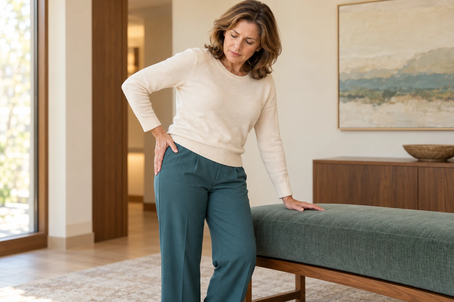 Woman resting a hand on her outer hip to illustrate hip pain