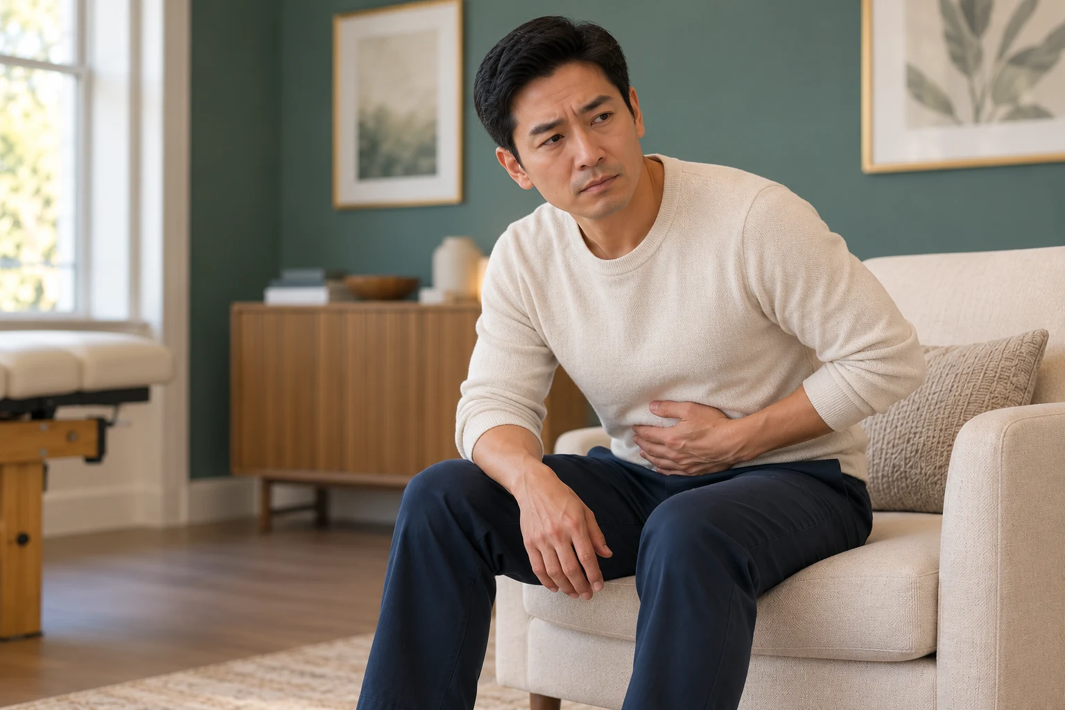 Man leaning forward while seated with a hand resting on his abdomen
