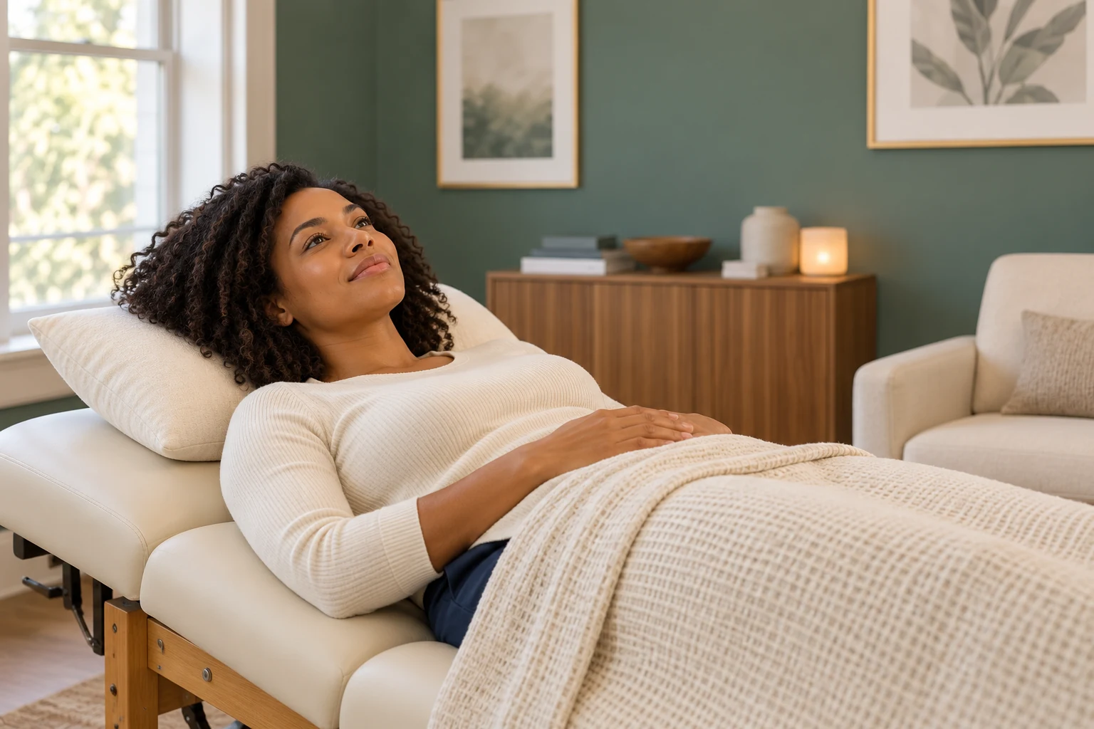 Woman resting comfortably on a treatment table in a calm clinic setting
