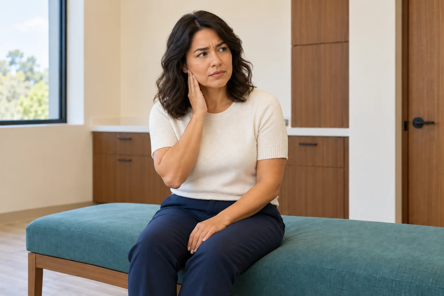 Woman gently holding the side of her jaw to illustrate jaw discomfort