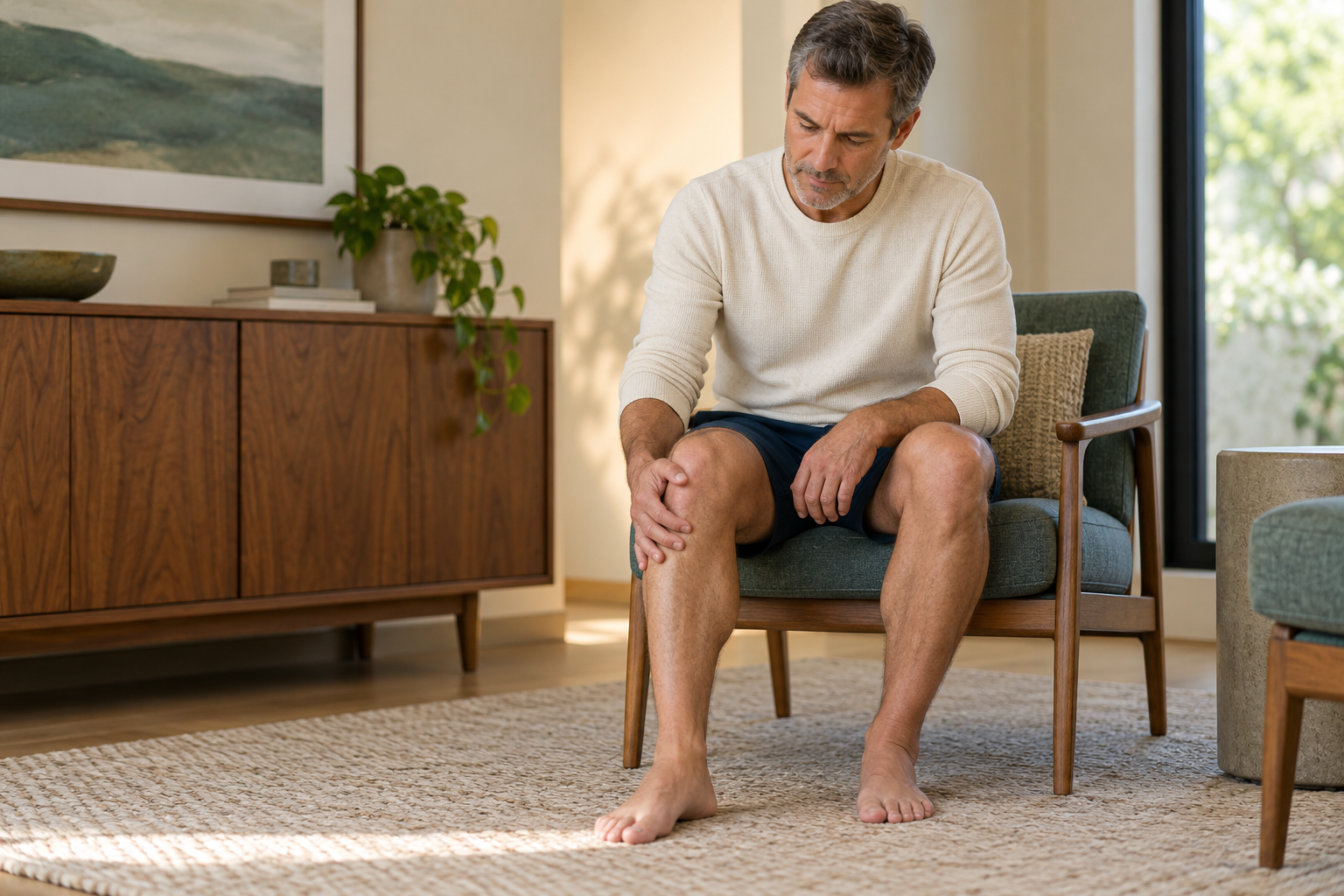 Man seated with his feet on the floor and a hand resting gently on his knee to illustrate knee discomfort