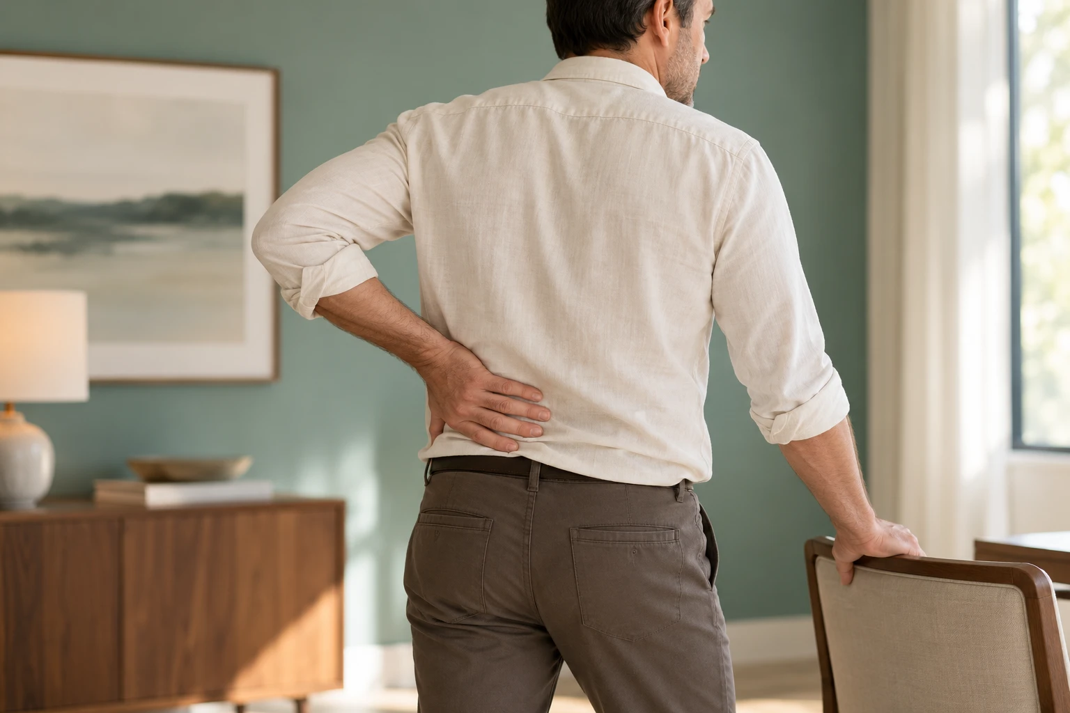 Man standing beside a chair with one hand resting on his lower back