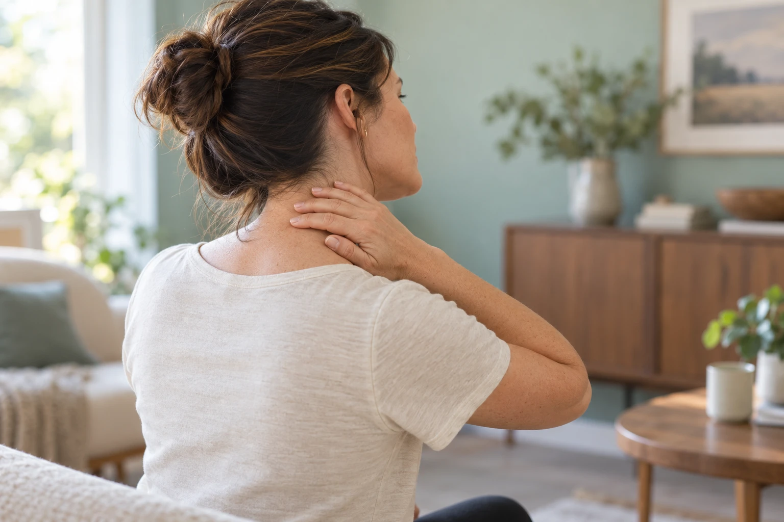 Woman gently resting a hand on her neck while seated upright