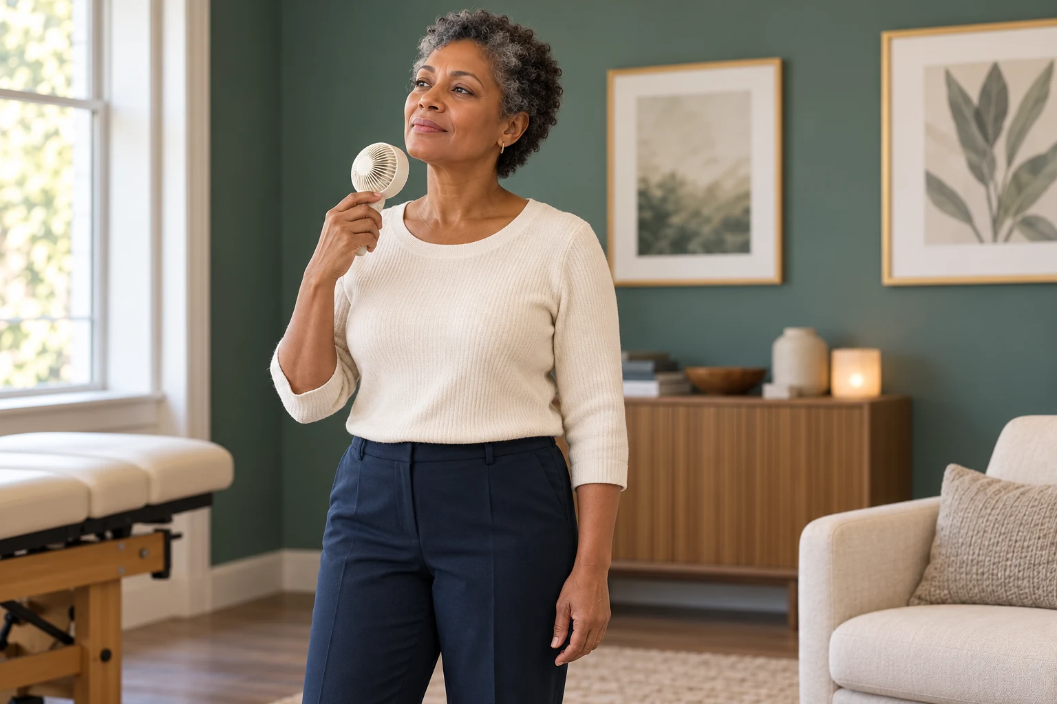 Woman holding a small electric handheld fan near her neck