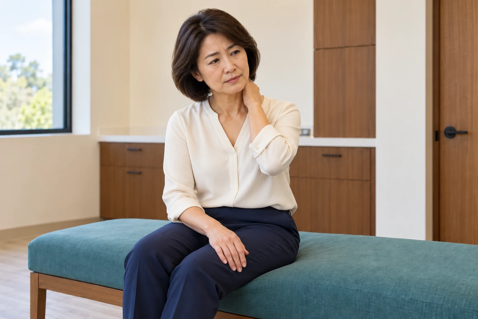 Woman gently touching her neck and shoulder to illustrate pinched nerve symptoms