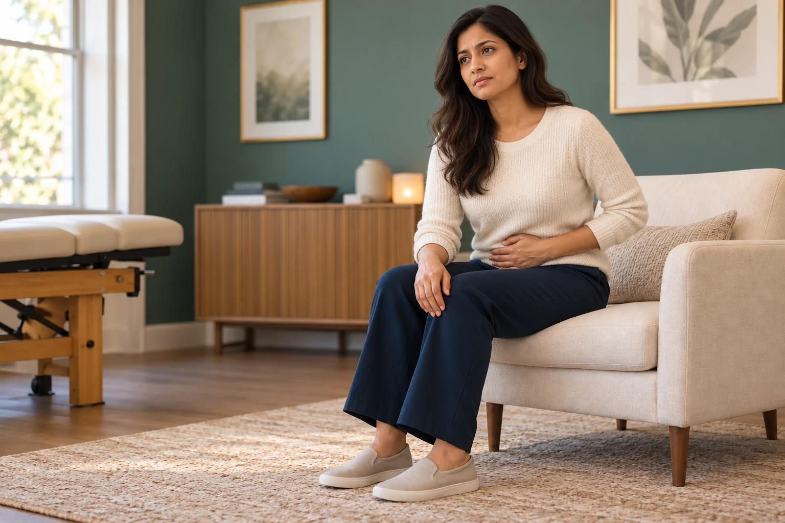 Woman seated in a treatment room with a hand resting on her lower abdomen