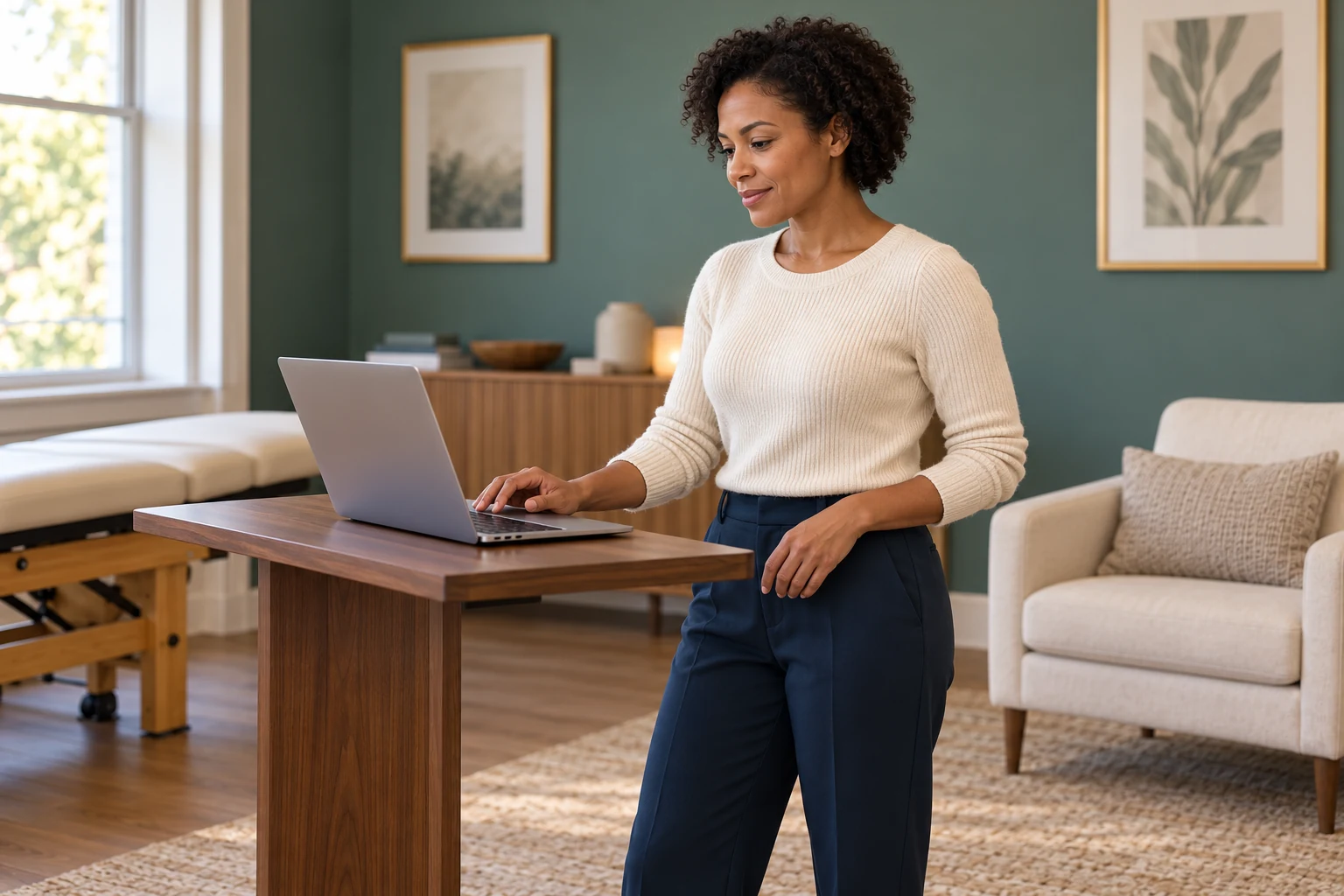 Woman standing at a laptop workstation to illustrate everyday posture