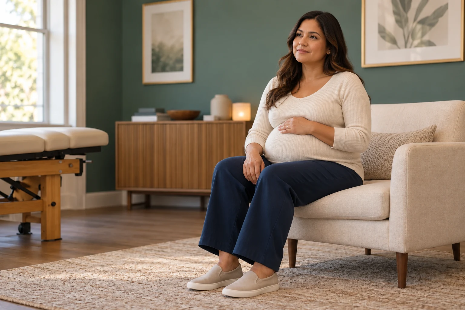 Pregnant woman seated comfortably in a calm clinic setting