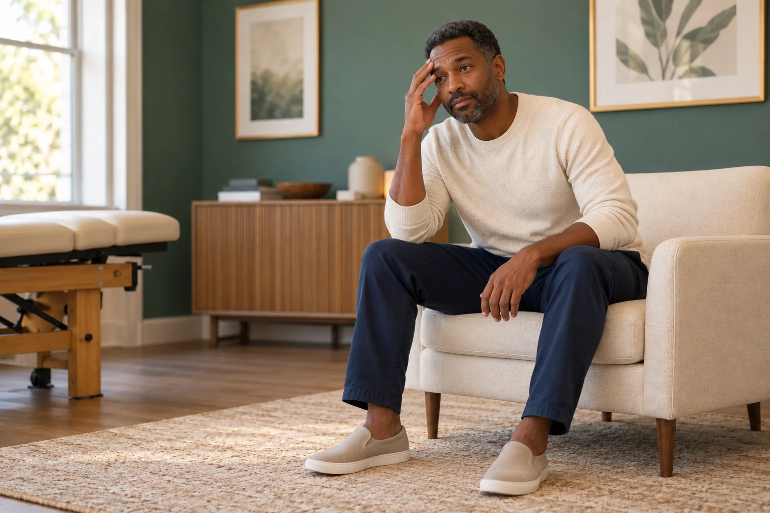 Man with a slightly tired expression in a calm clinic setting for sleep support
