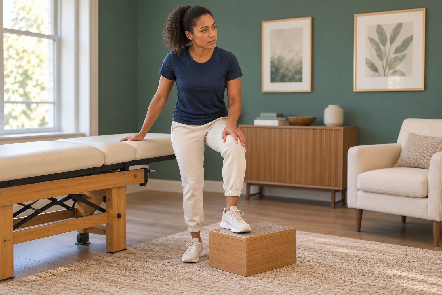 Athletic woman resting one foot on a step with a hand over her knee