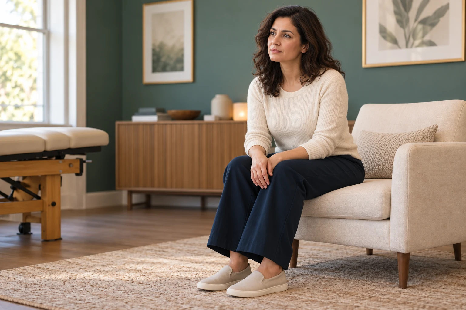 Woman seated thoughtfully in a calm clinic setting for stress support