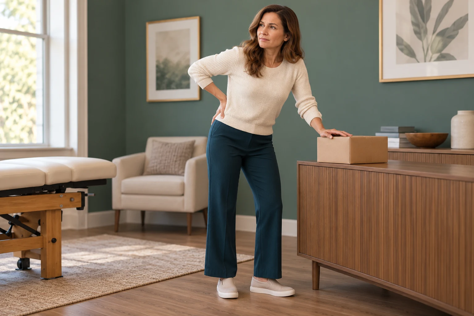 Woman resting a hand on her lower back beside a box on a counter