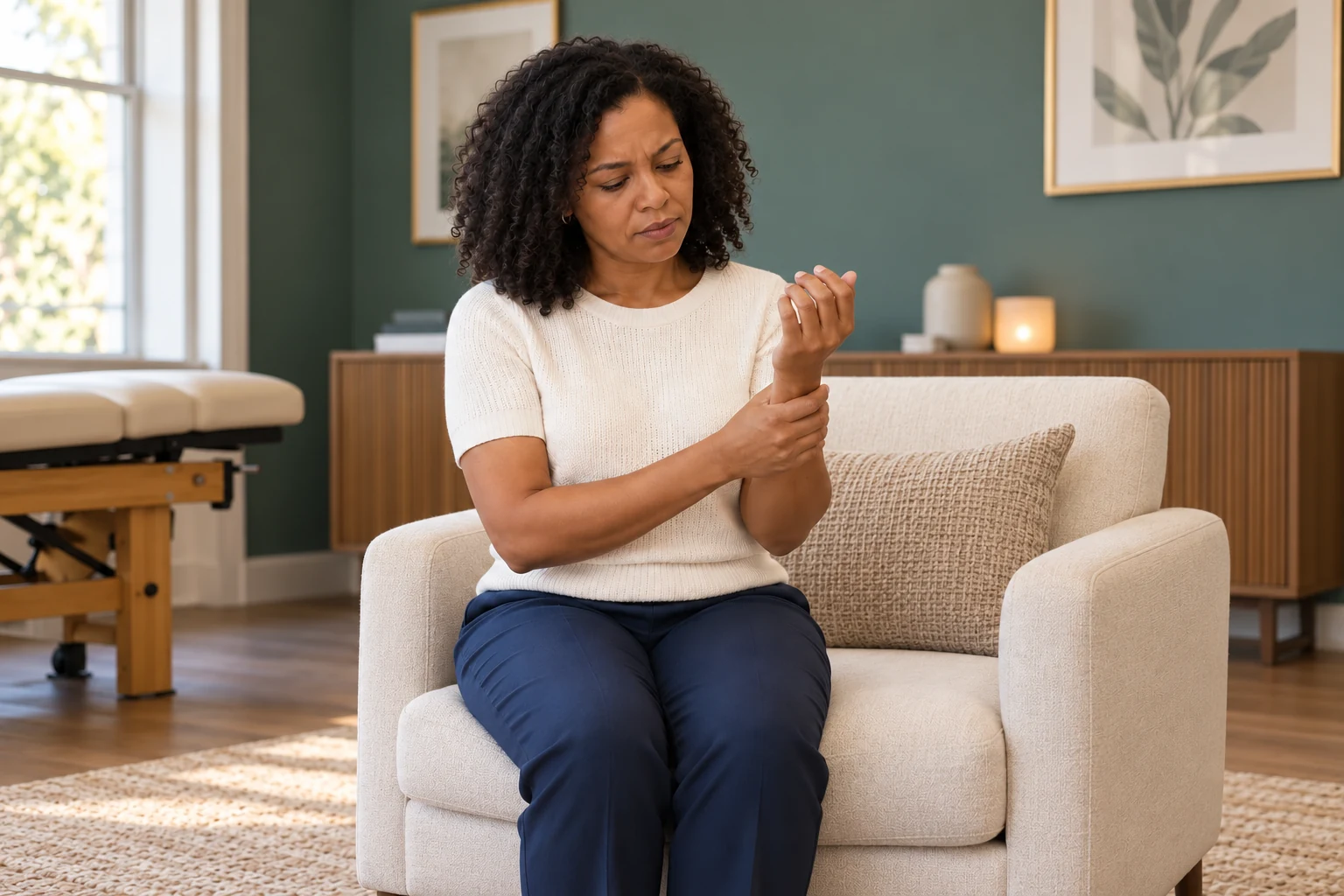 Woman gently supporting her wrist with a concerned expression to illustrate wrist pain
