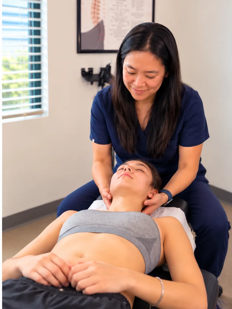 Dr. Jennifer Tsai providing hands-on neck care to a patient at Blissful Wellness